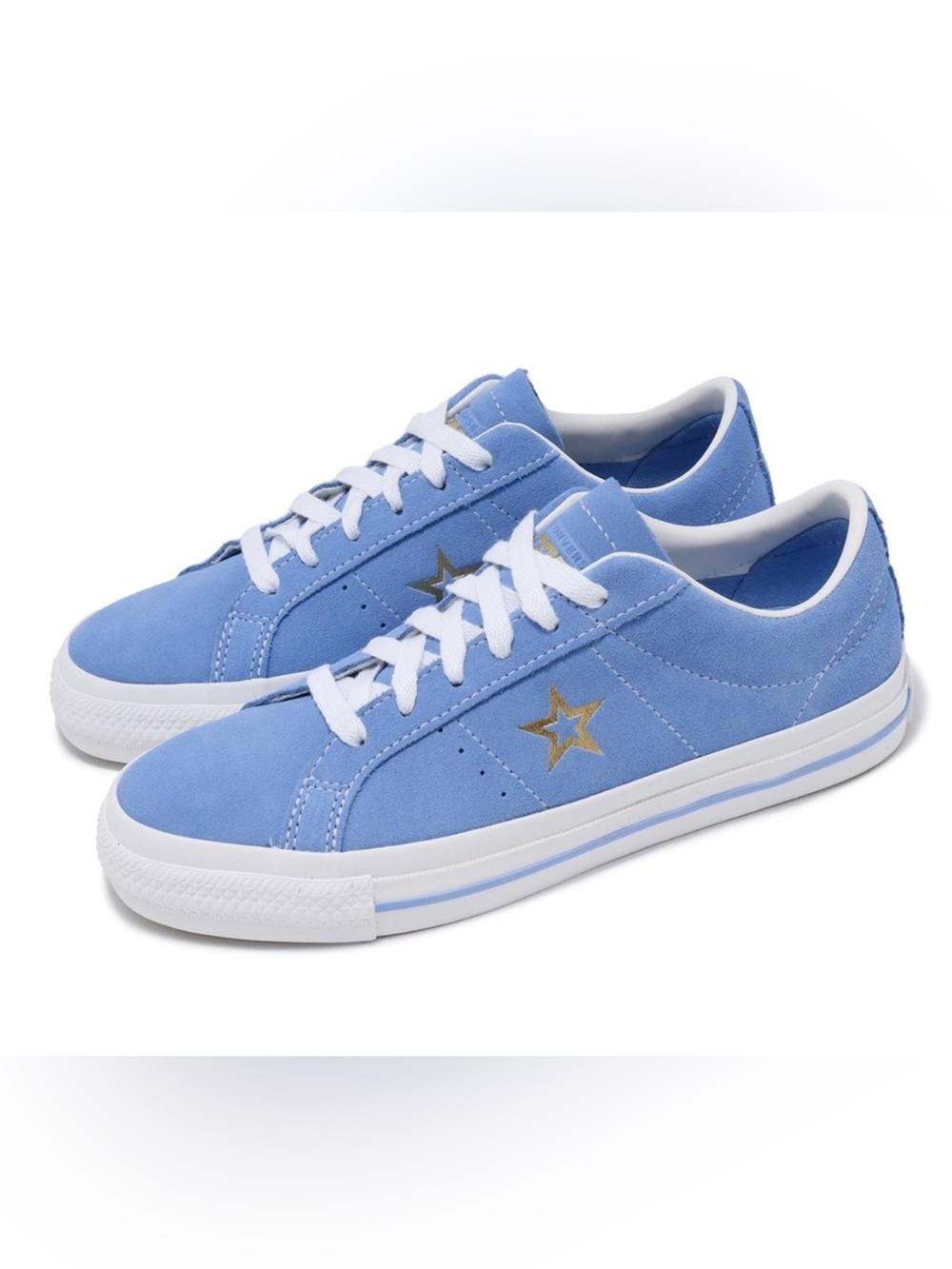 Converse cons blue suede sneakers with gold star, casual comfortable
